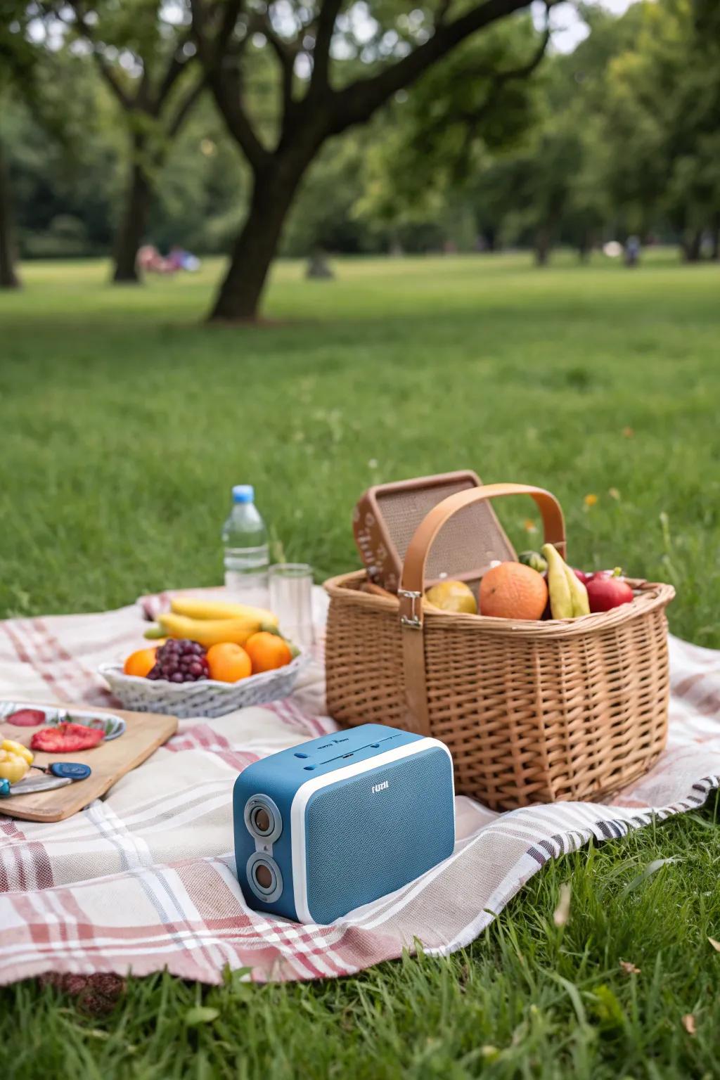 Compact portable speakers are perfect for outdoor adventures and picnics.