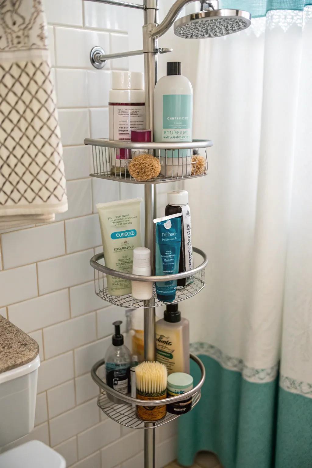 Make the most of vertical area with a pole-style shower buddy.