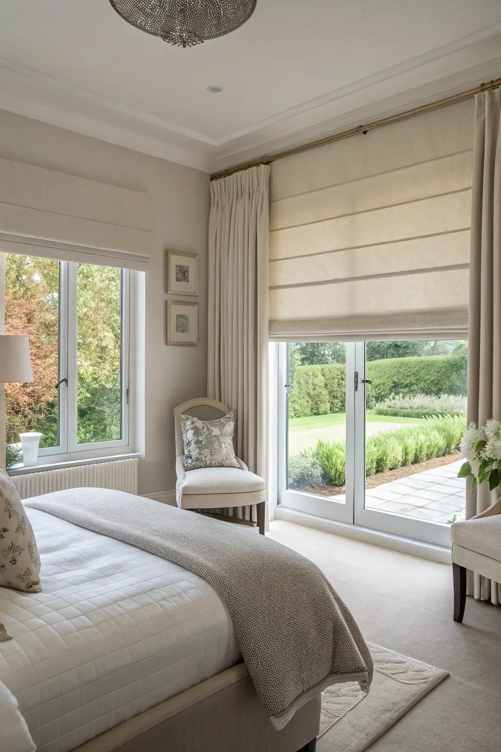 Smart blinds in a bedroom adjust to the perfect level, beautifully balancing privacy and light.