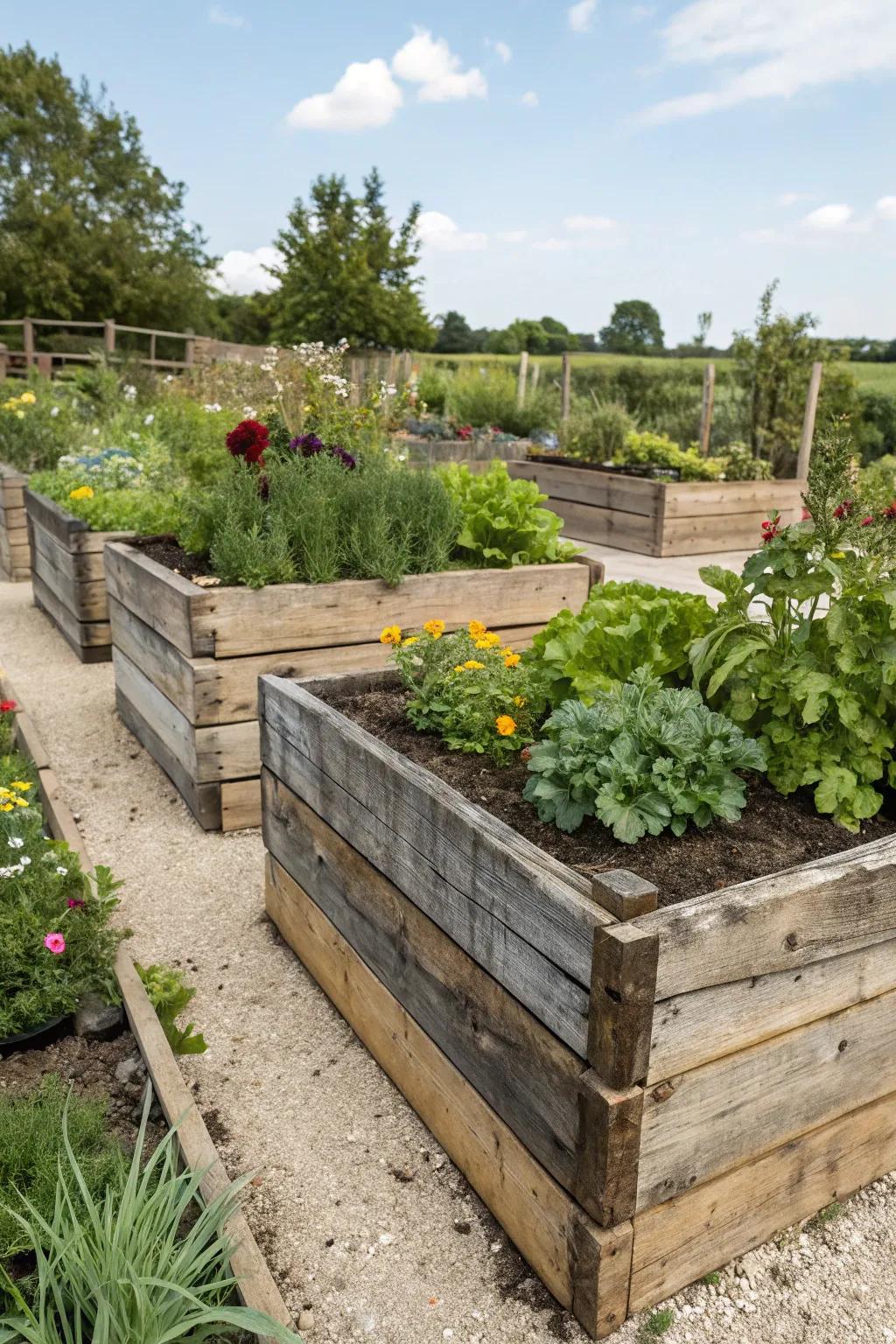 Repurposed wood adds a rustic and sustainable element to your garden.