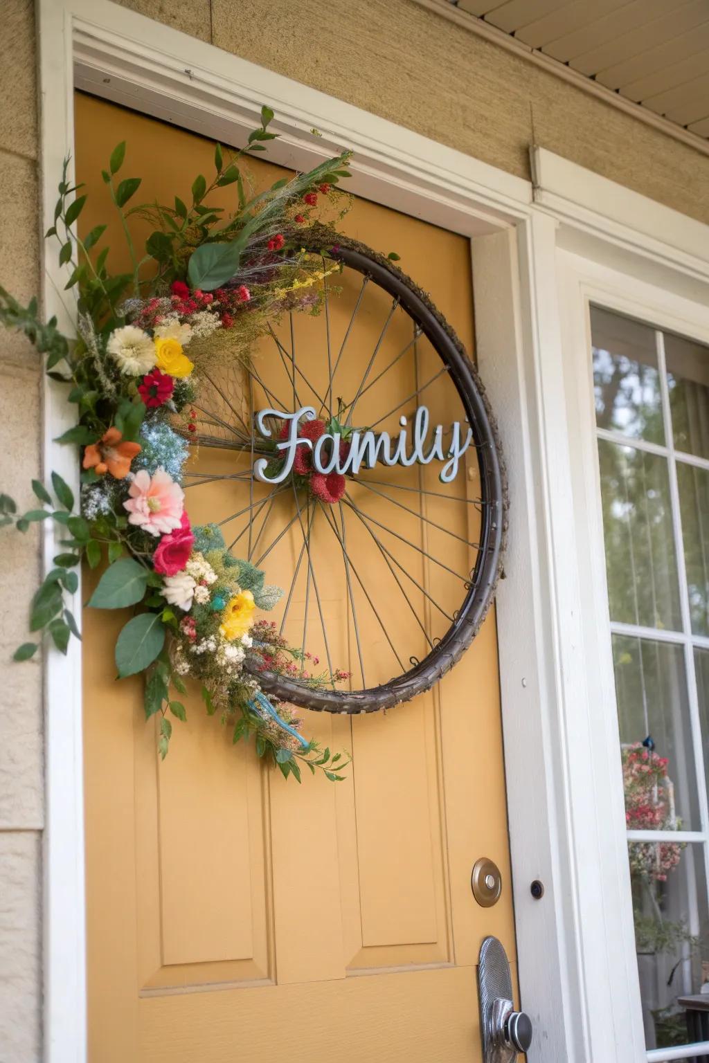 A personalized bicycle wreath showcasing initials, adding a special detail to home décor.
