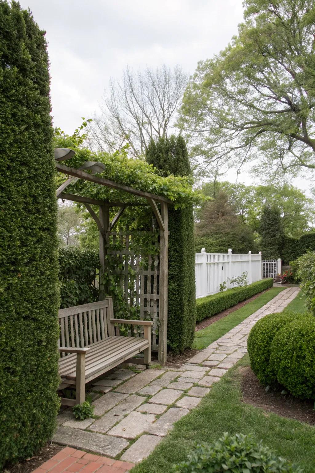 Privacy features such as hedges and pergolas create a secluded sanctuary.