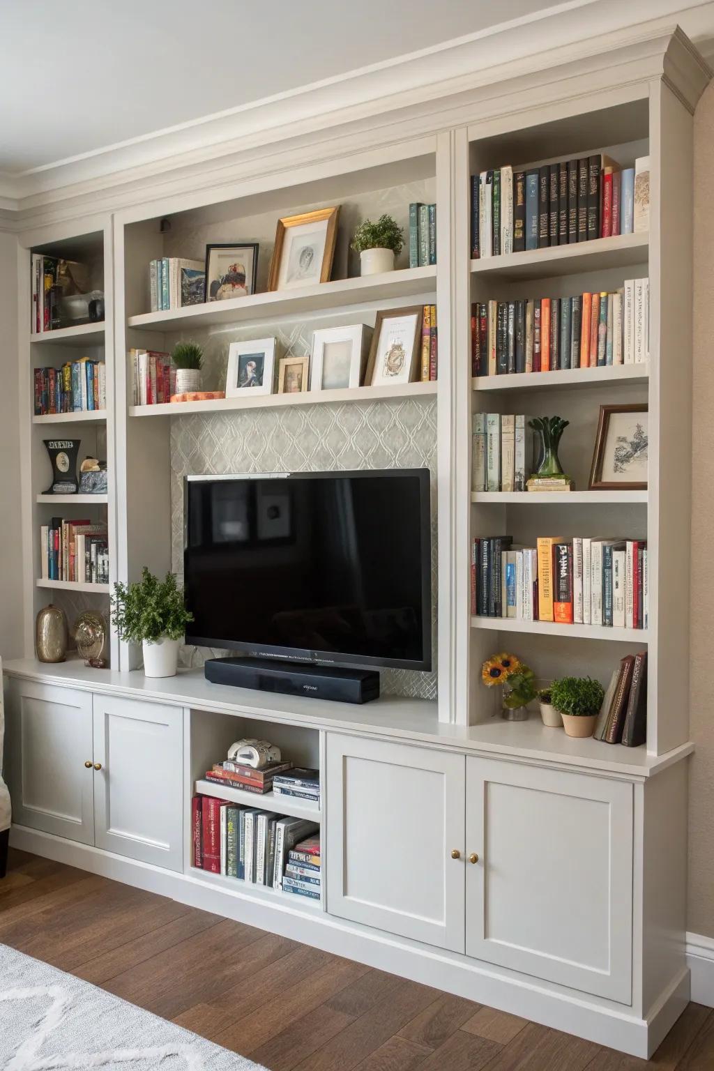 Built-in shelving provides stylish storage solutions.