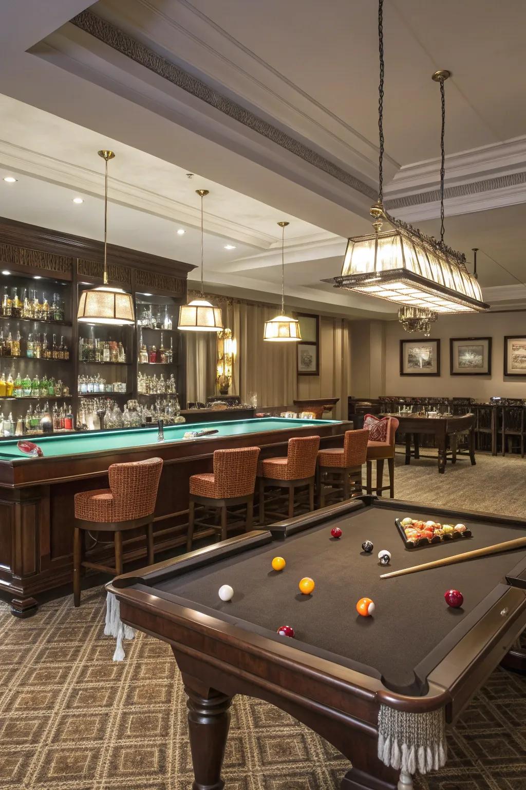 A bar area boosts the social feel inside your billiard space.