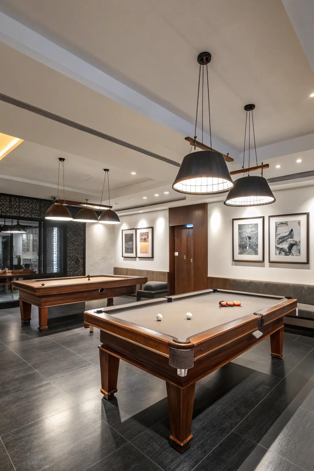 A sleekly designed contemporary-themed billiards room showcases modern design aspects.