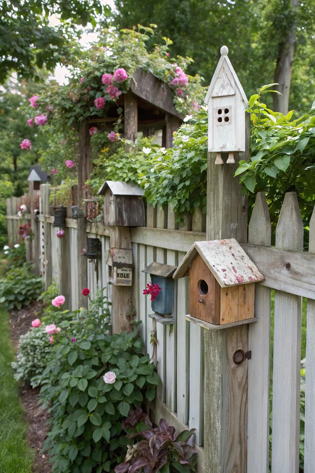 An eclectic intermix of bird homes cultivates a quirky and welcoming garden barrier.