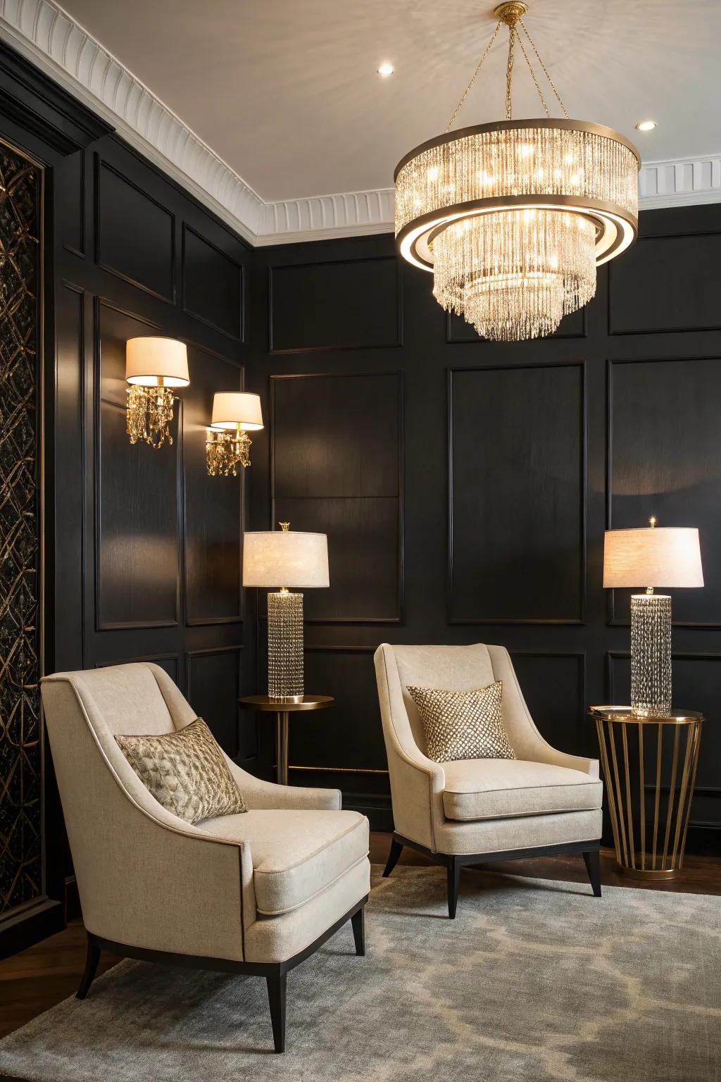 A room where stylish lighting fixtures highlight the dramatic black accent wall.