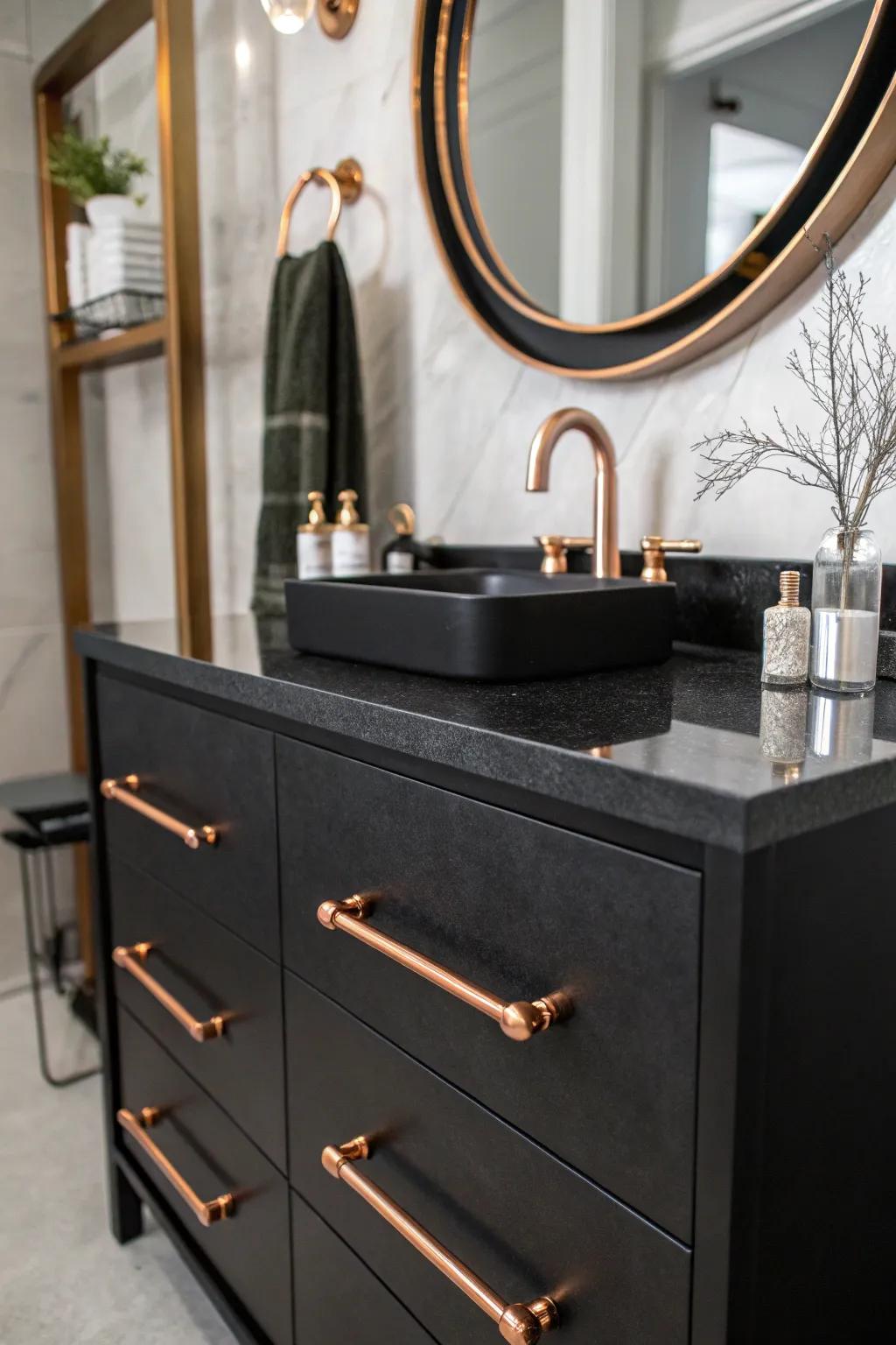 A sleek vanity with copper details stands out in a modern bathroom.