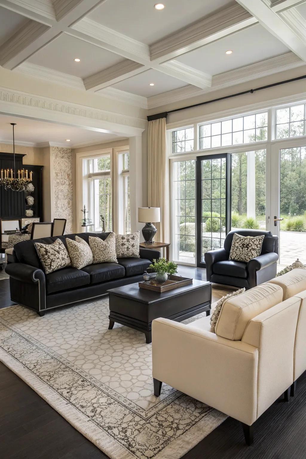 An open layout enhances the luxurious feel of an ebony and ivory living space.