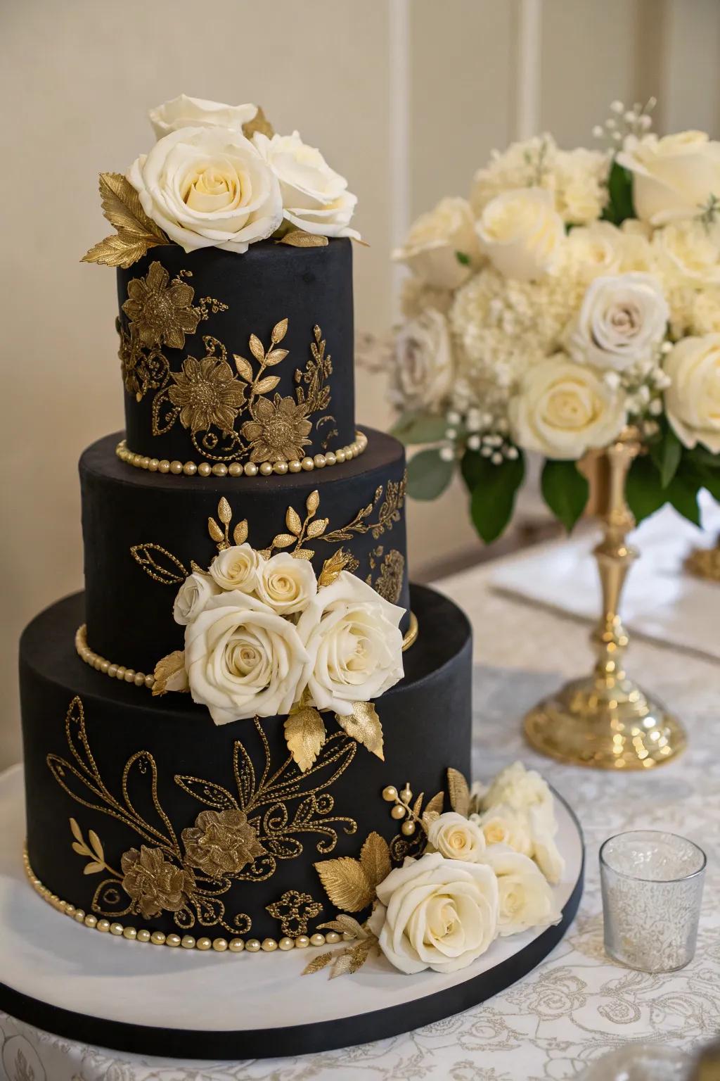 Gold floral accents bring a natural elegance to this cake.