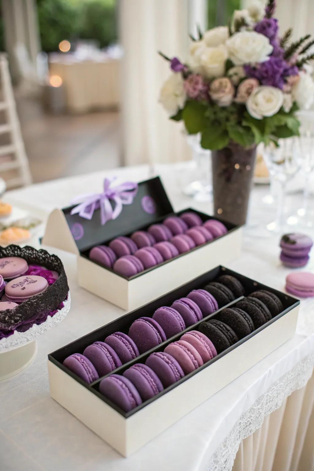 Unique wedding favors of midnight and lavender macarons.