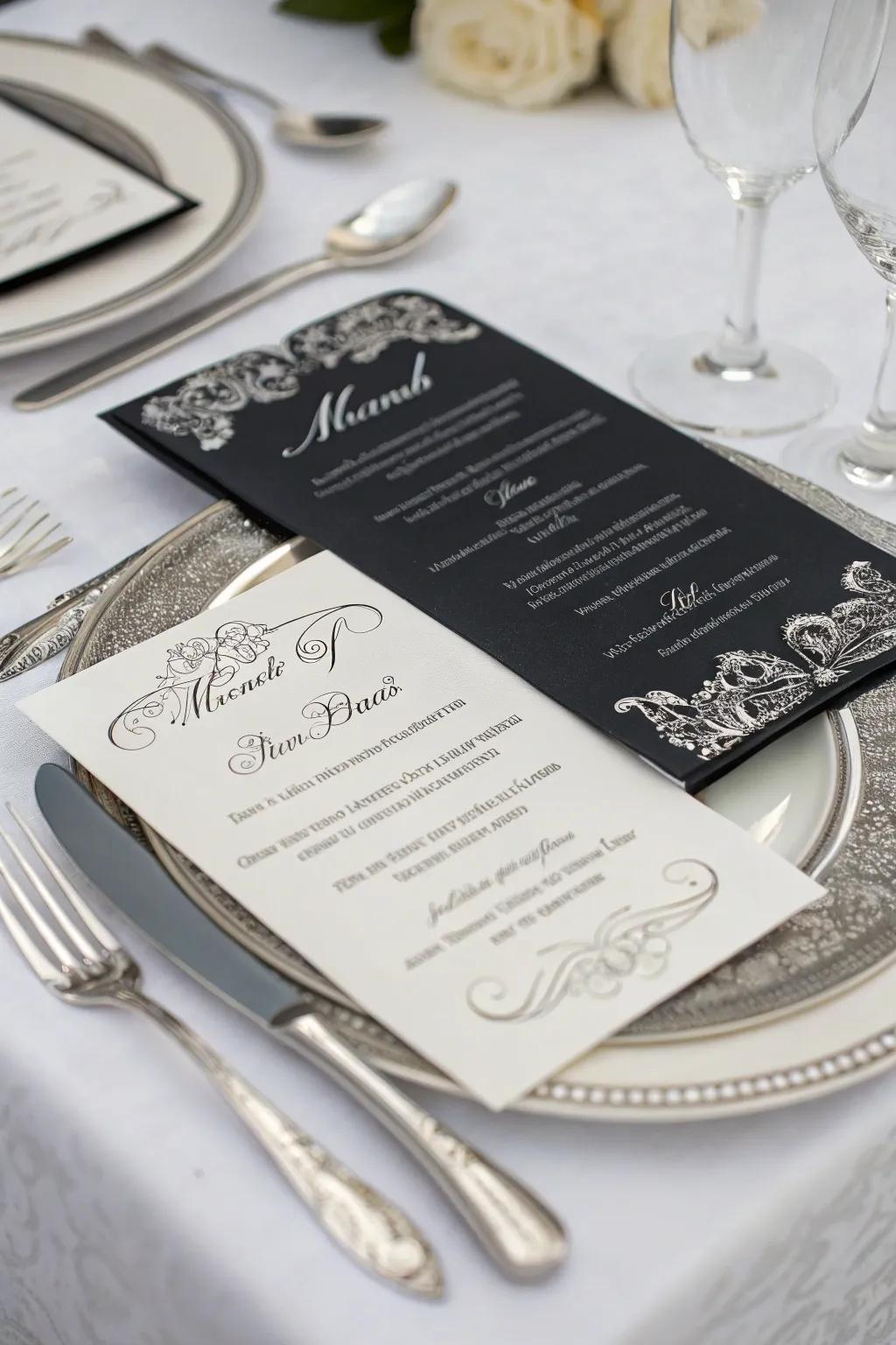 Elegant paper goods featuring coal and shimmer elements.