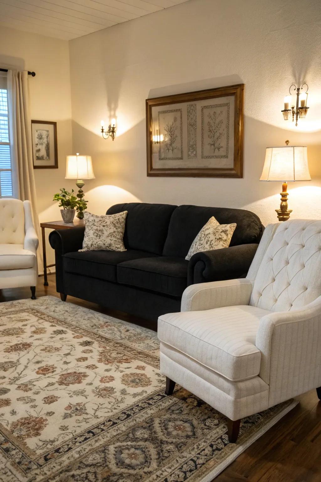 A living area featuring contrasting furniture with an onyx sofa and ivory chairs.
