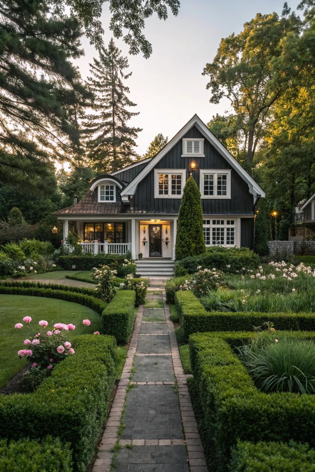 Well-planned yard design enhances the black and white exterior of this house.