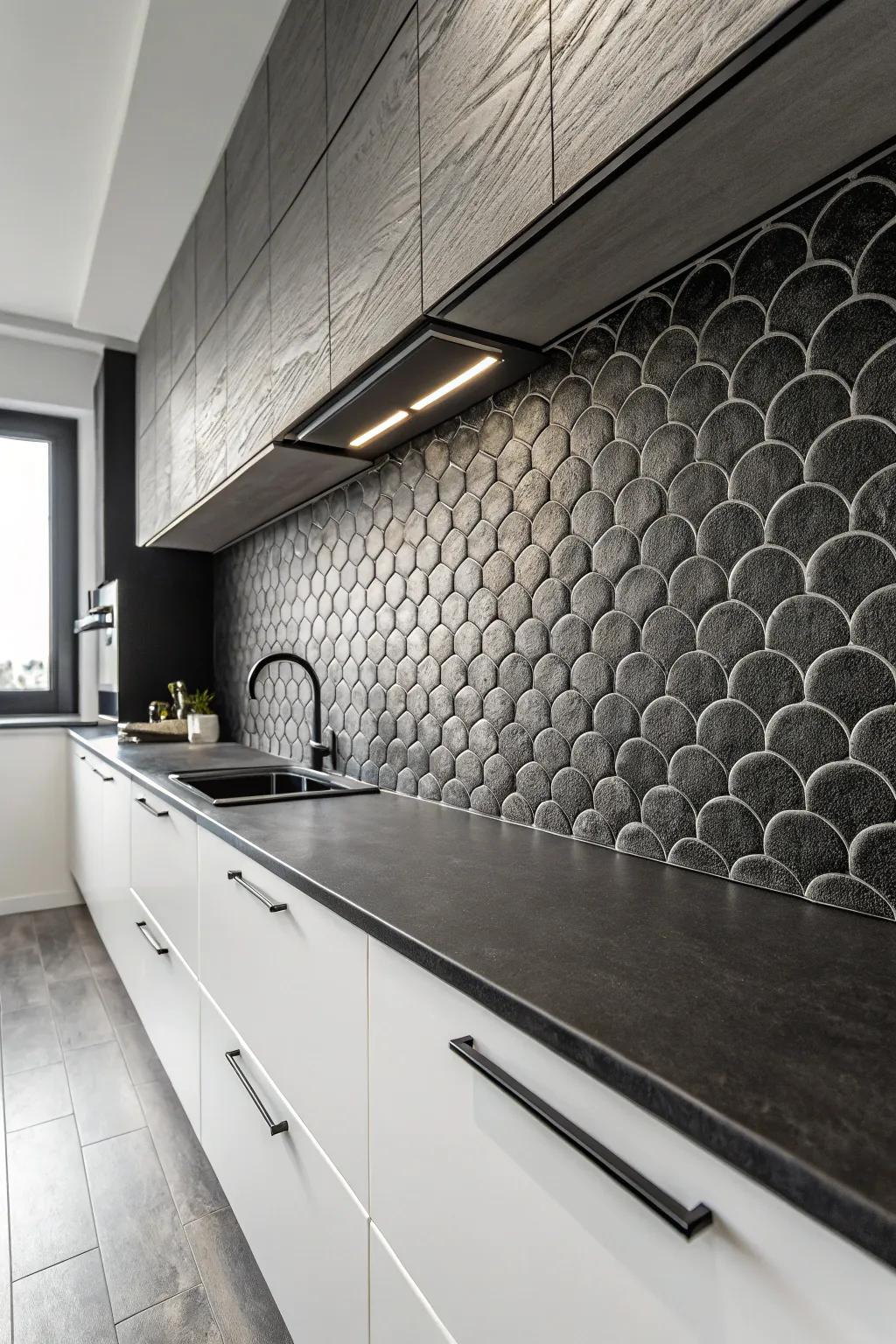 A textured splashback enhances the visual appeal of this kitchen design.
