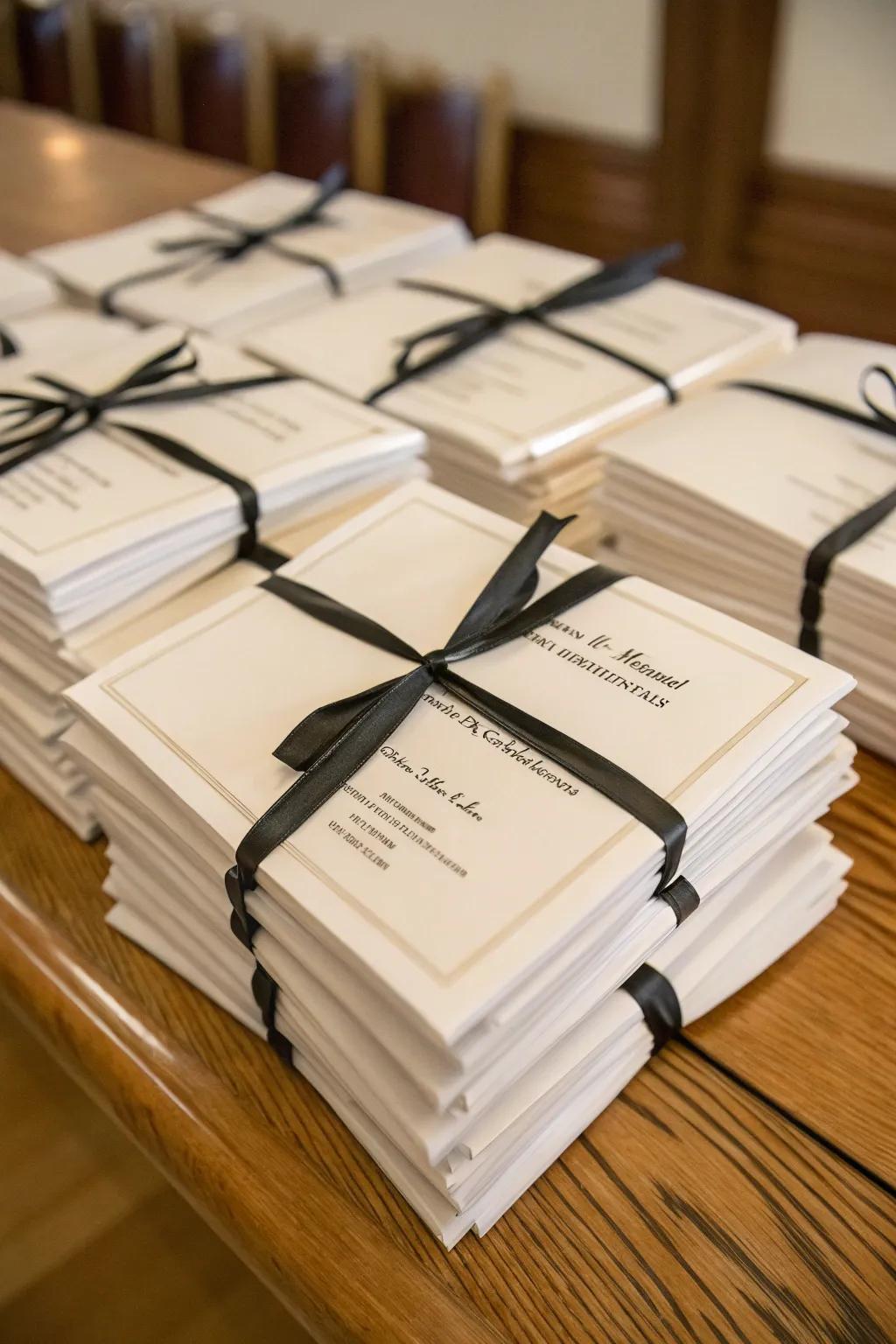 Personalized ceremony folders with ebony bands add a smooth touch.