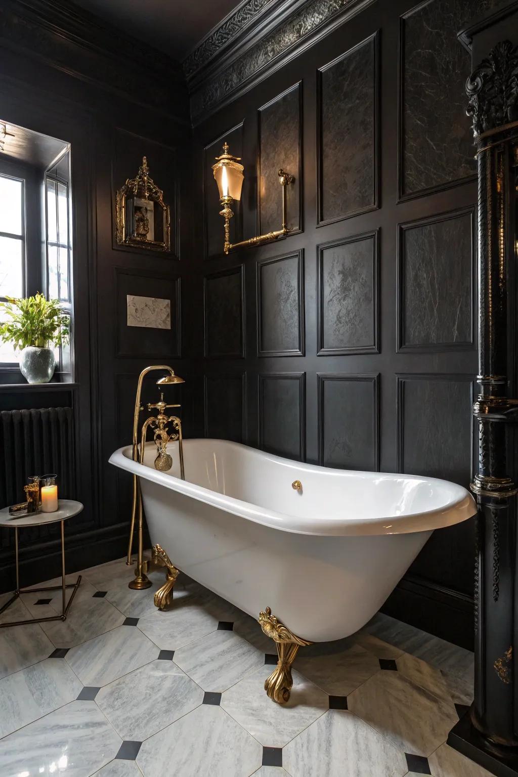 Antiquated details lend a vintage elegance to dark restrooms.