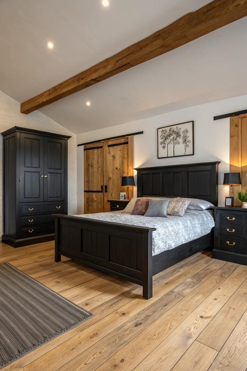 Natural timber features add warmth to this dark-themed bedroom.