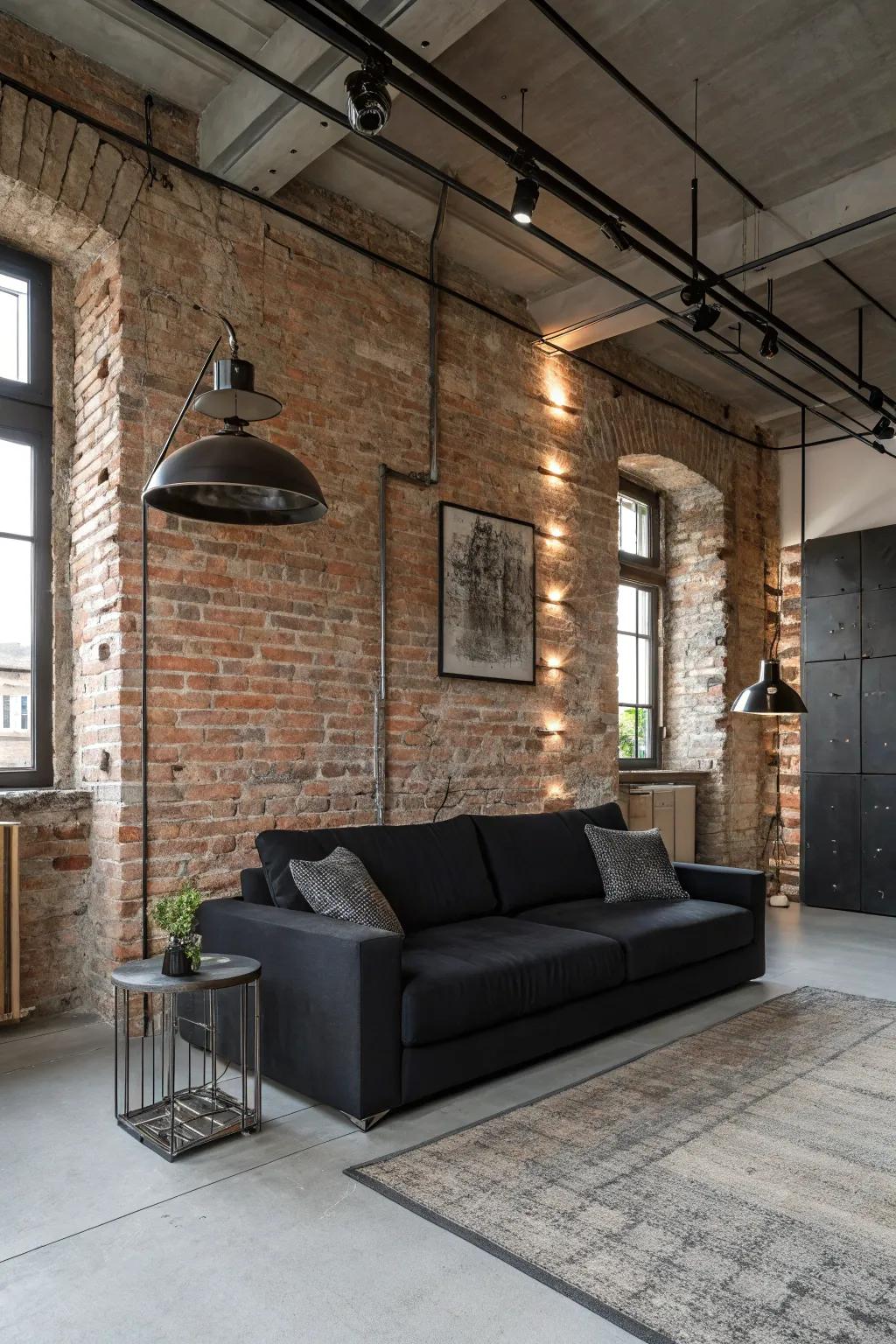 Industrial edge with a dark-toned sofa.