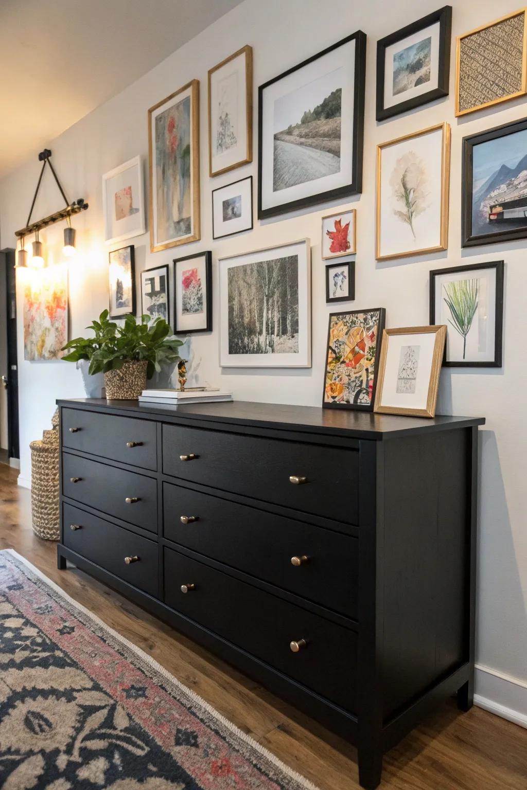 A black dresser serving as a base for an artistic gallery display.