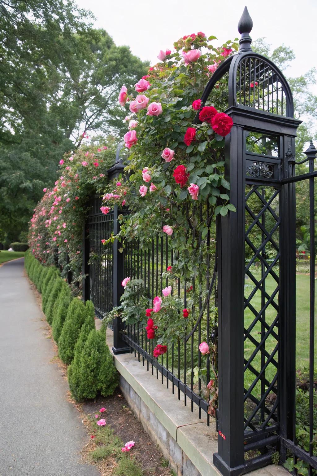 A decorative support on a black fence supports climbing roses.