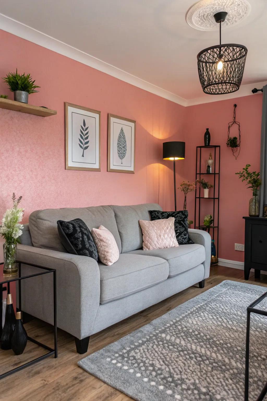 A pink feature wall creates a vibrant focal point.