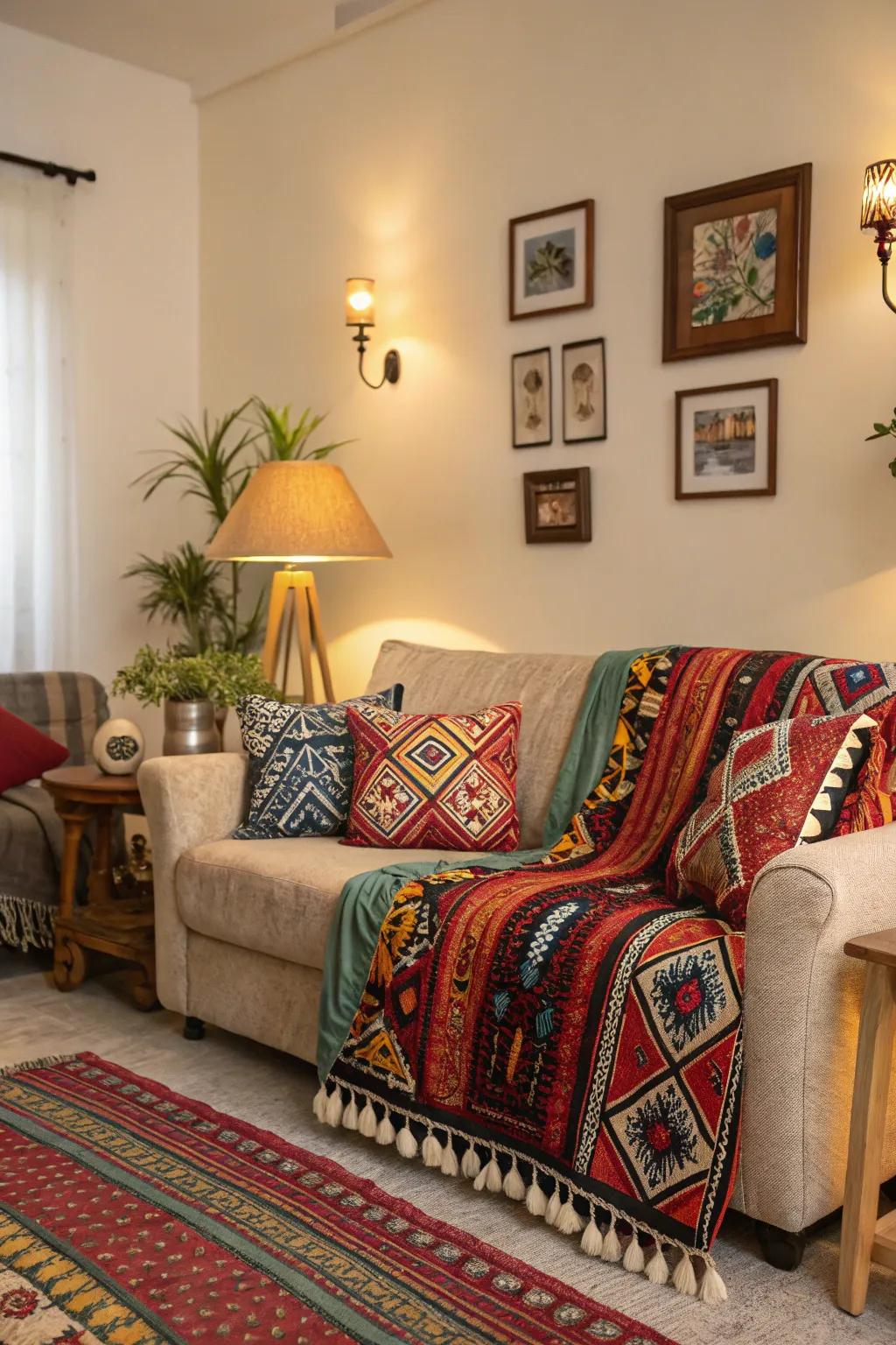 Cushions and throws showcasing ethnic designs offer both comfort and style.