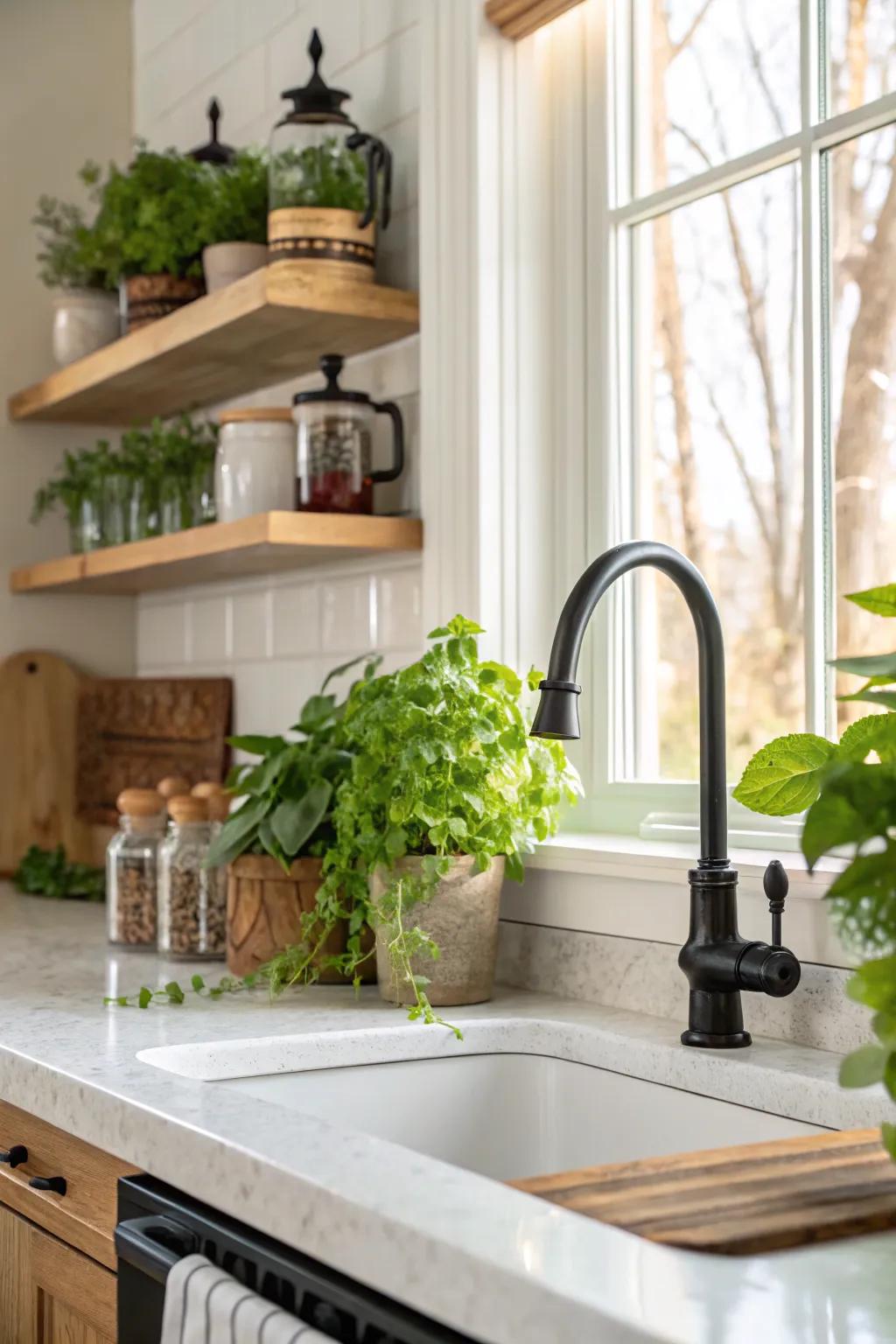 Decorative elements fit effortlessly with the dark tap, creating an appealing kitchen atmosphere.