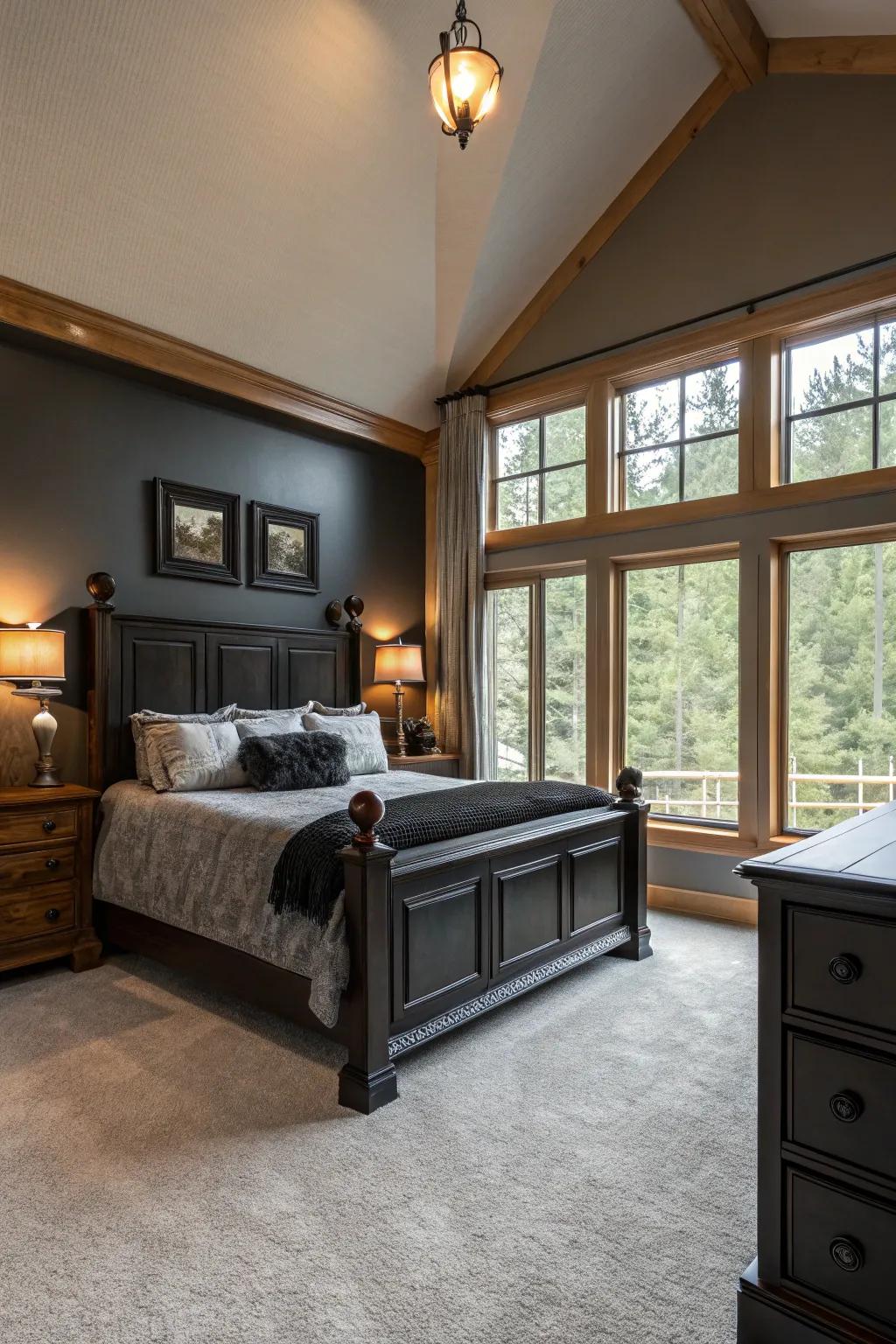 Natural wood details soften the boldness of black decorations.