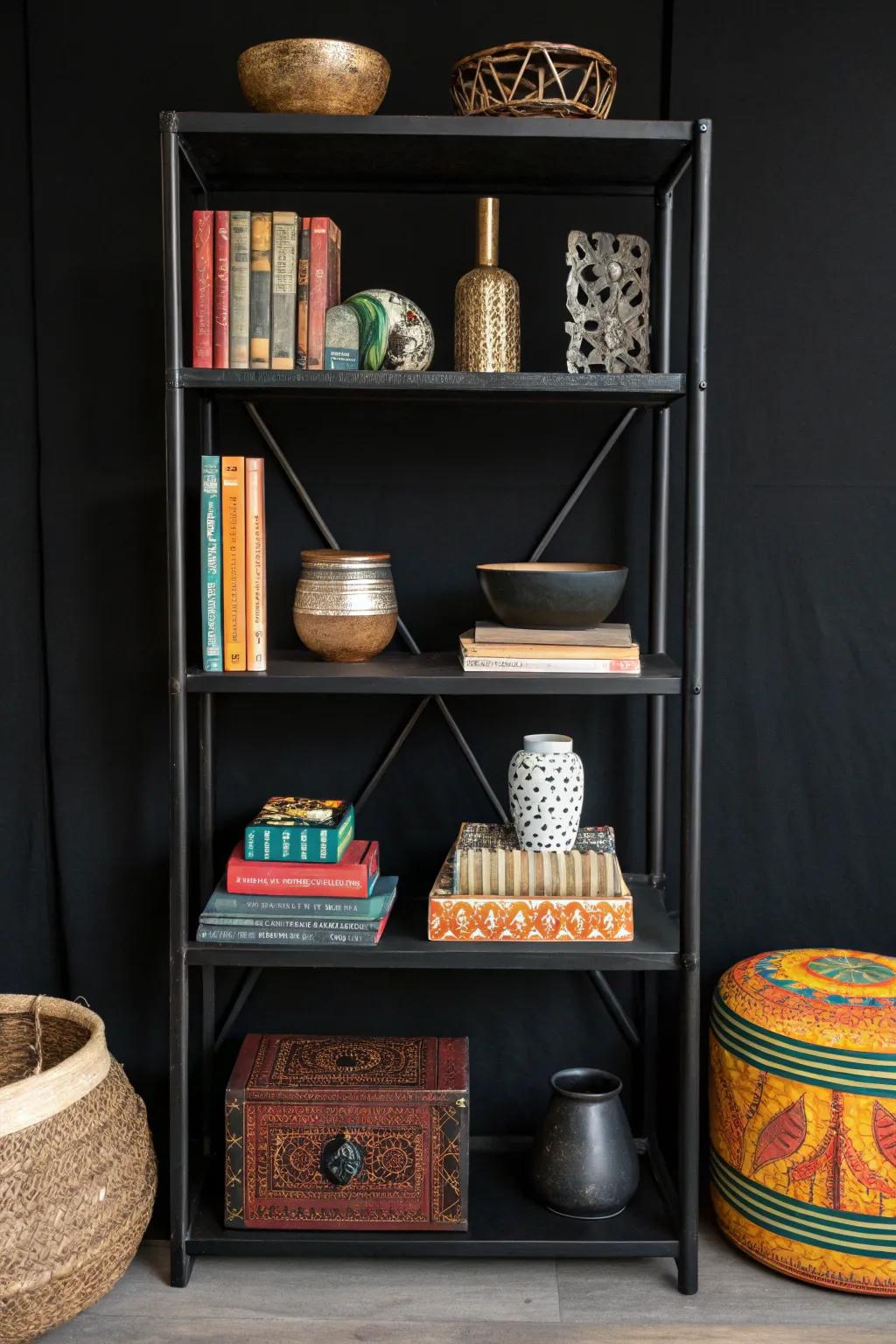 Layered decor items creating depth on a dark shelf.