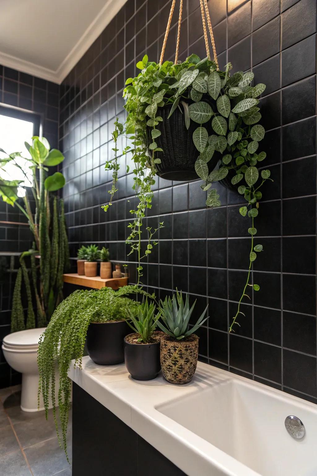 Greenery softens the boldness of black tiles, creating a calming atmosphere.