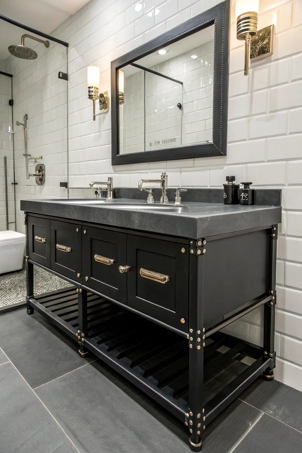 Rough metal pieces with a dark sink cabinet create a chic, urban bathroom vibe.