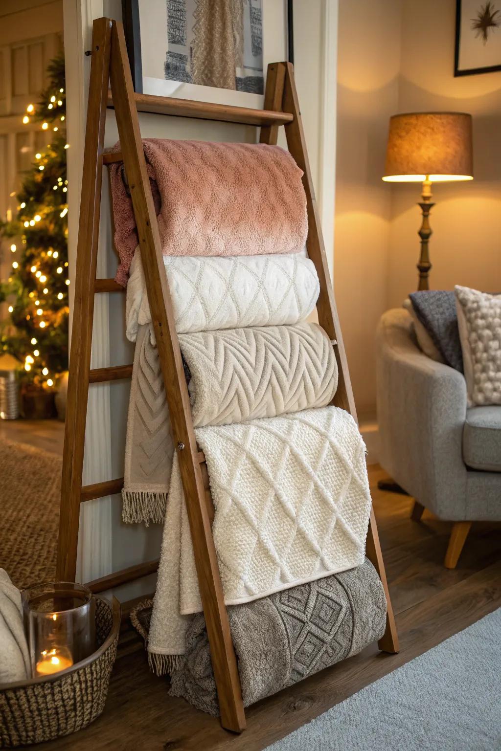 Textures bring depth to blanket ladder decor.