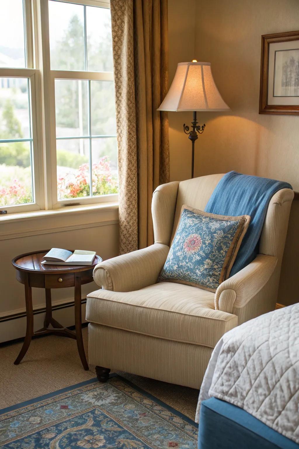 An ivory seat paired with azure cushions provides a stellar reading area.