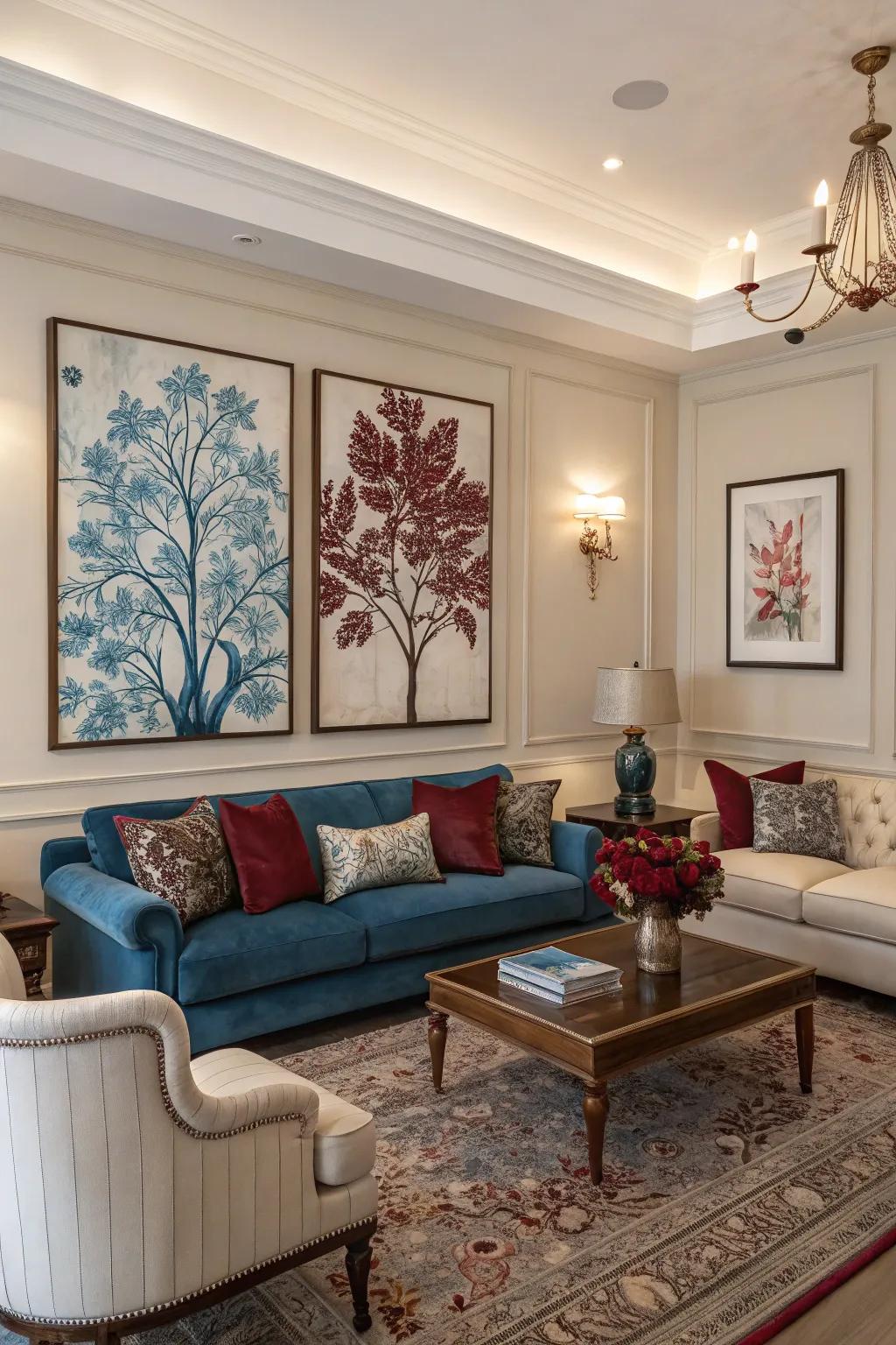 Artwork featuring azure and crimson hues beautifully ties the room together.