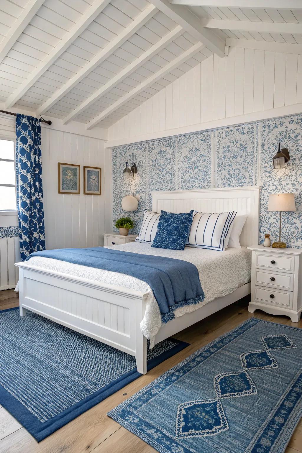 Layered textures add richness and comfort to a blue and white bedroom.