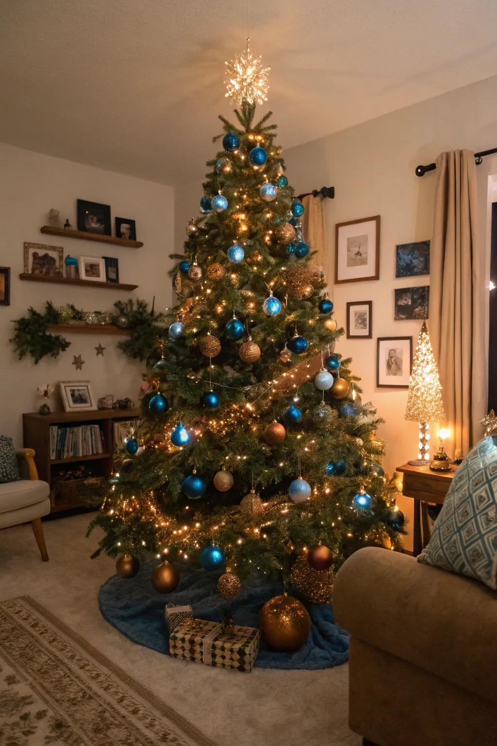 A warm and inviting azure and bronze Christmas tree.