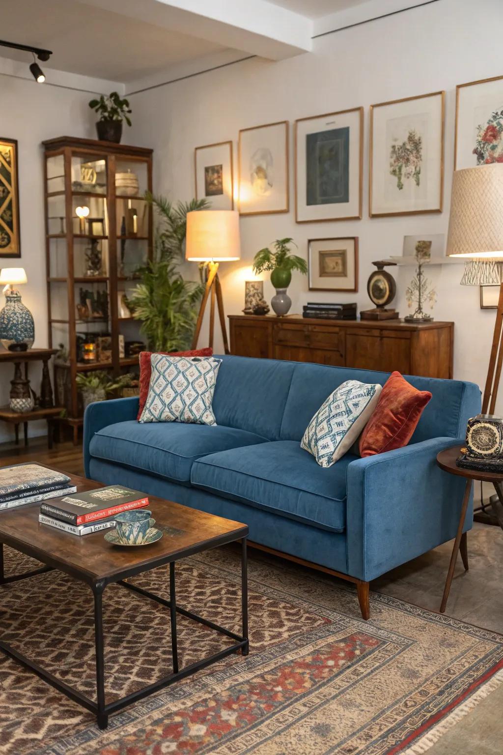 A fusion of contemporary and classic styles around a blue sofa.