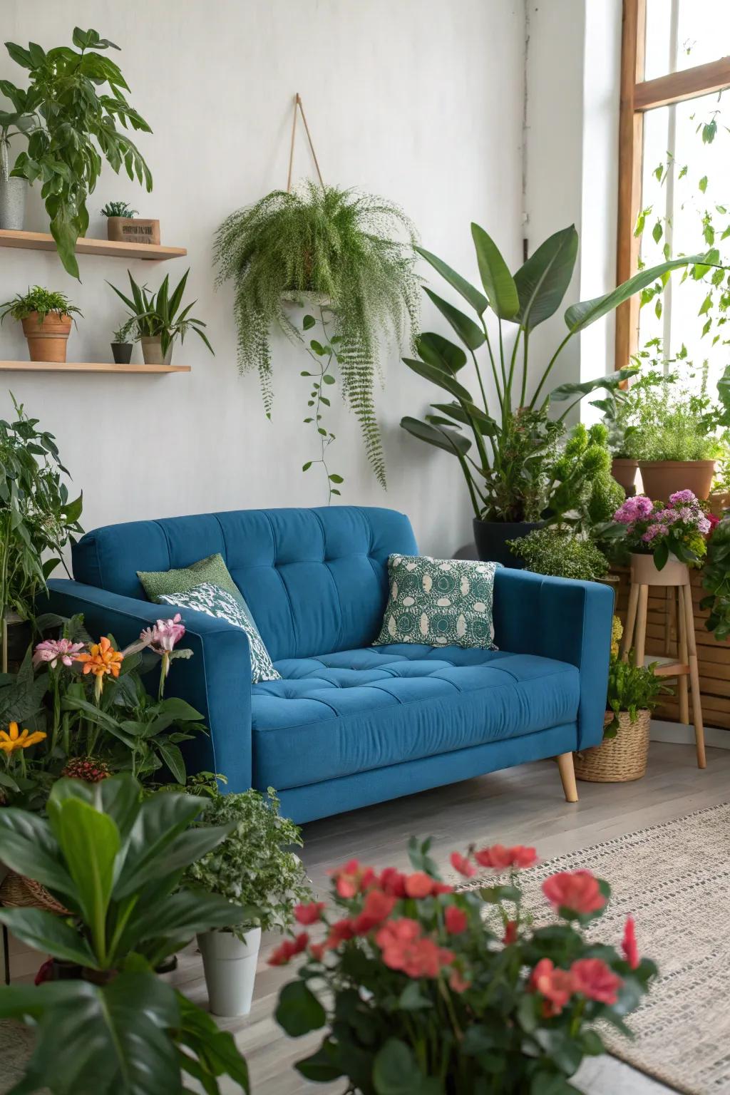 Greenery adds life and vibrancy to the lounge setup.