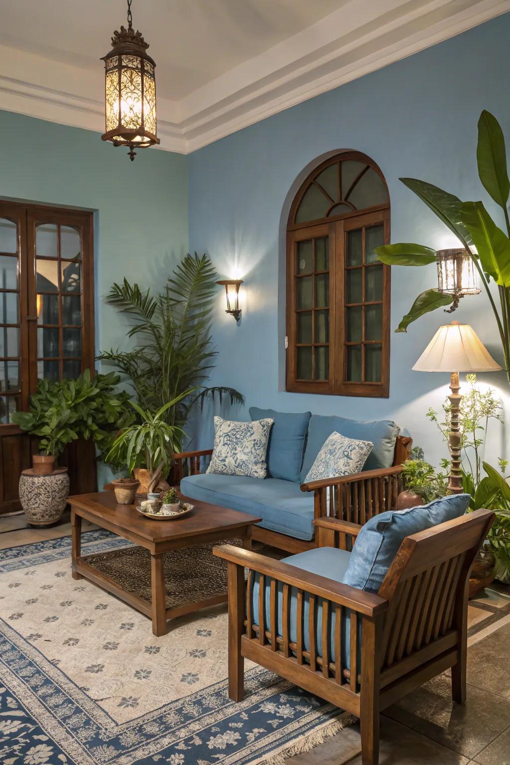Natural components complement the blue tones, creating a warm and inviting atmosphere.