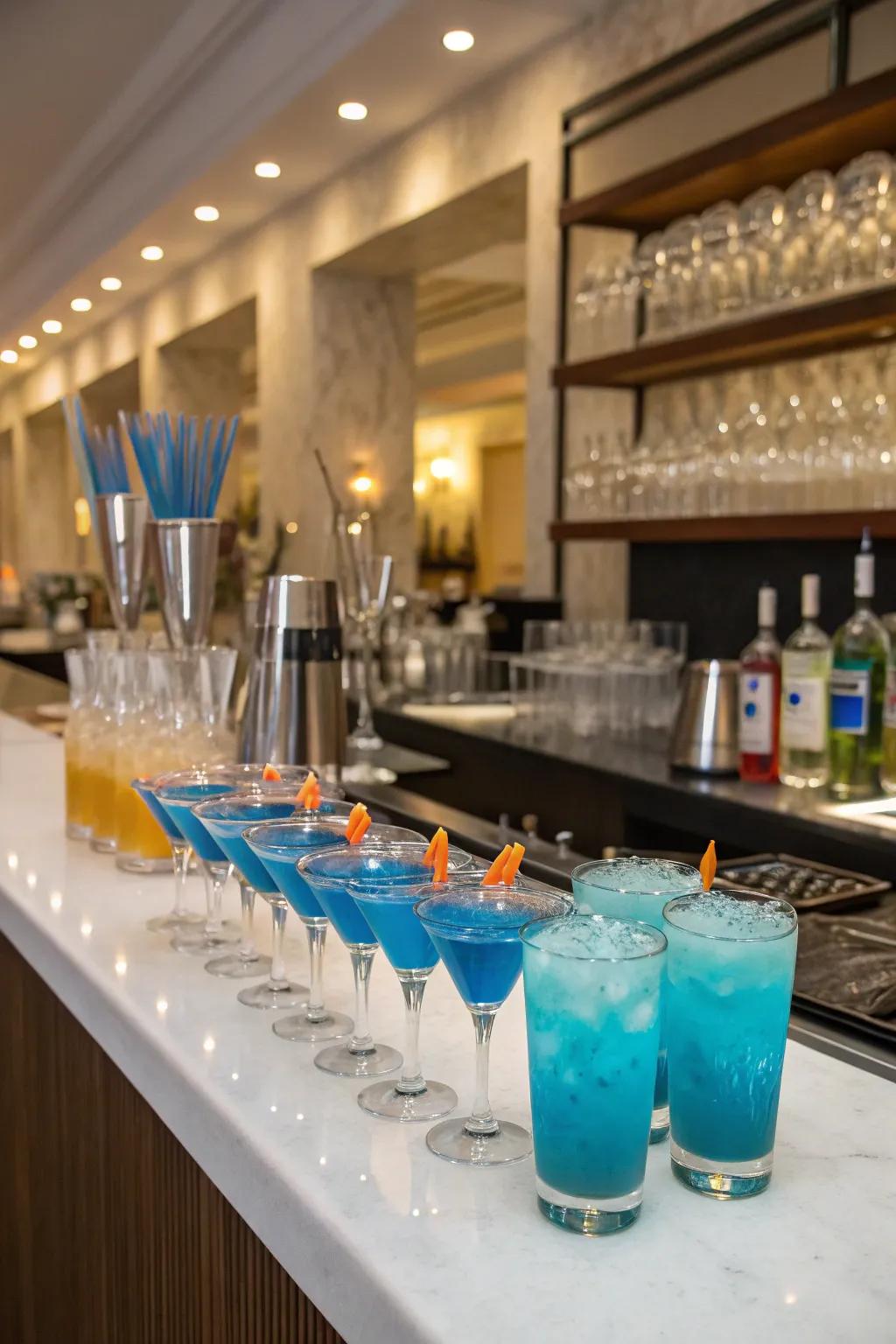 An array of azure drinks prepared to enliven party attendants.