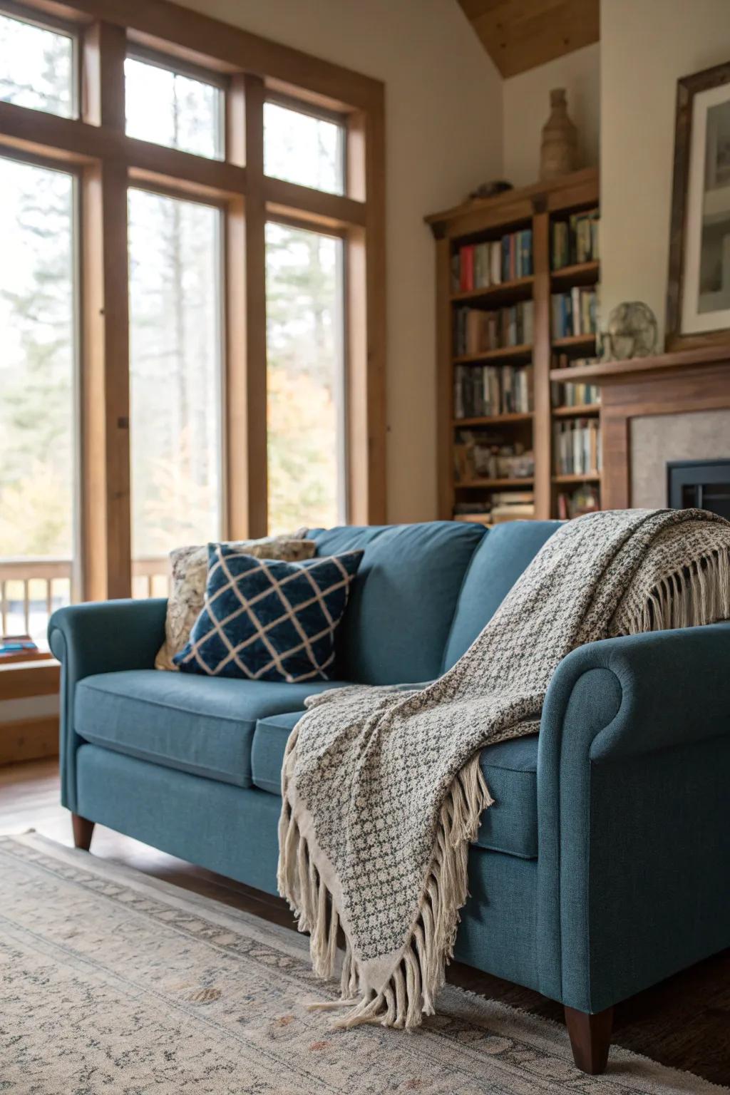 Woven throws add warmth to a cerulean couch setting.