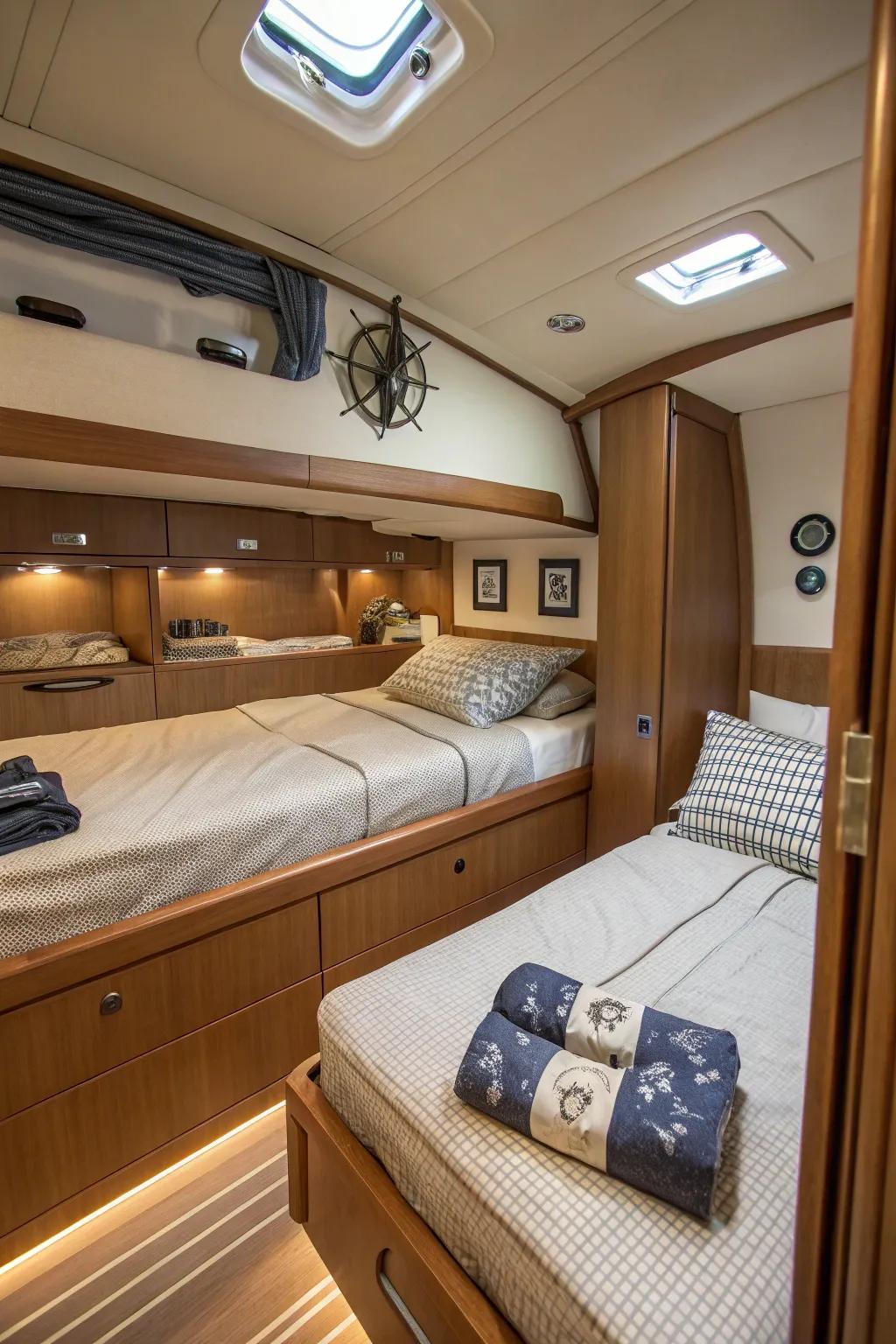 Bedding with built-in storage features for a tidy cabin.