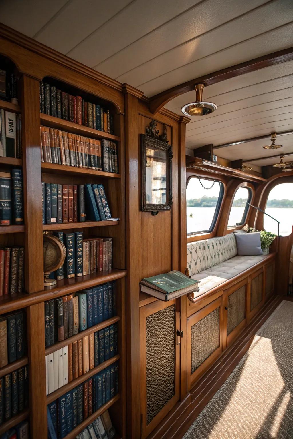 Built-in bookshelves in a boat's saloon filled with nautical books.