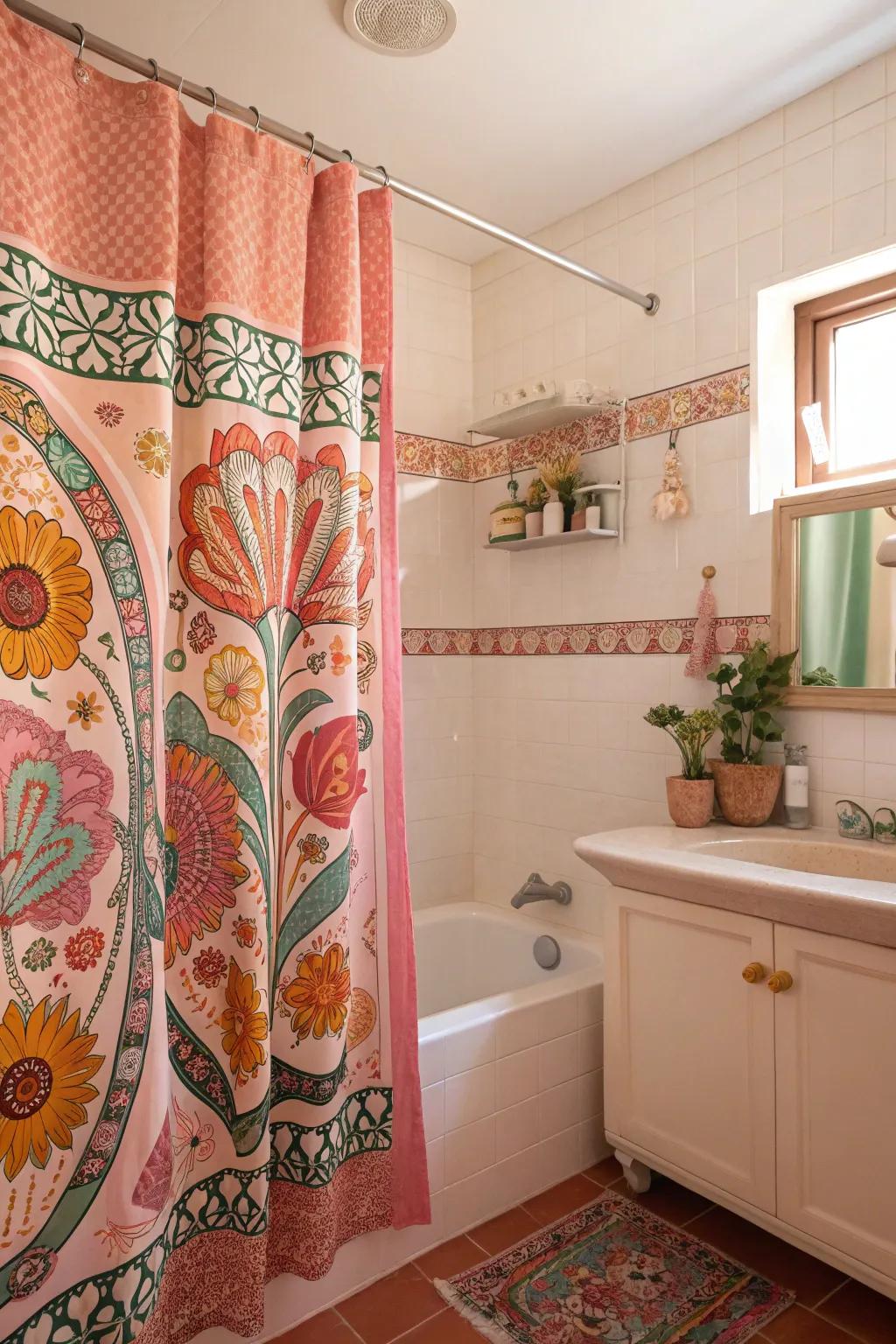 A boho bathroom featuring a colorful, patterned shower curtain.