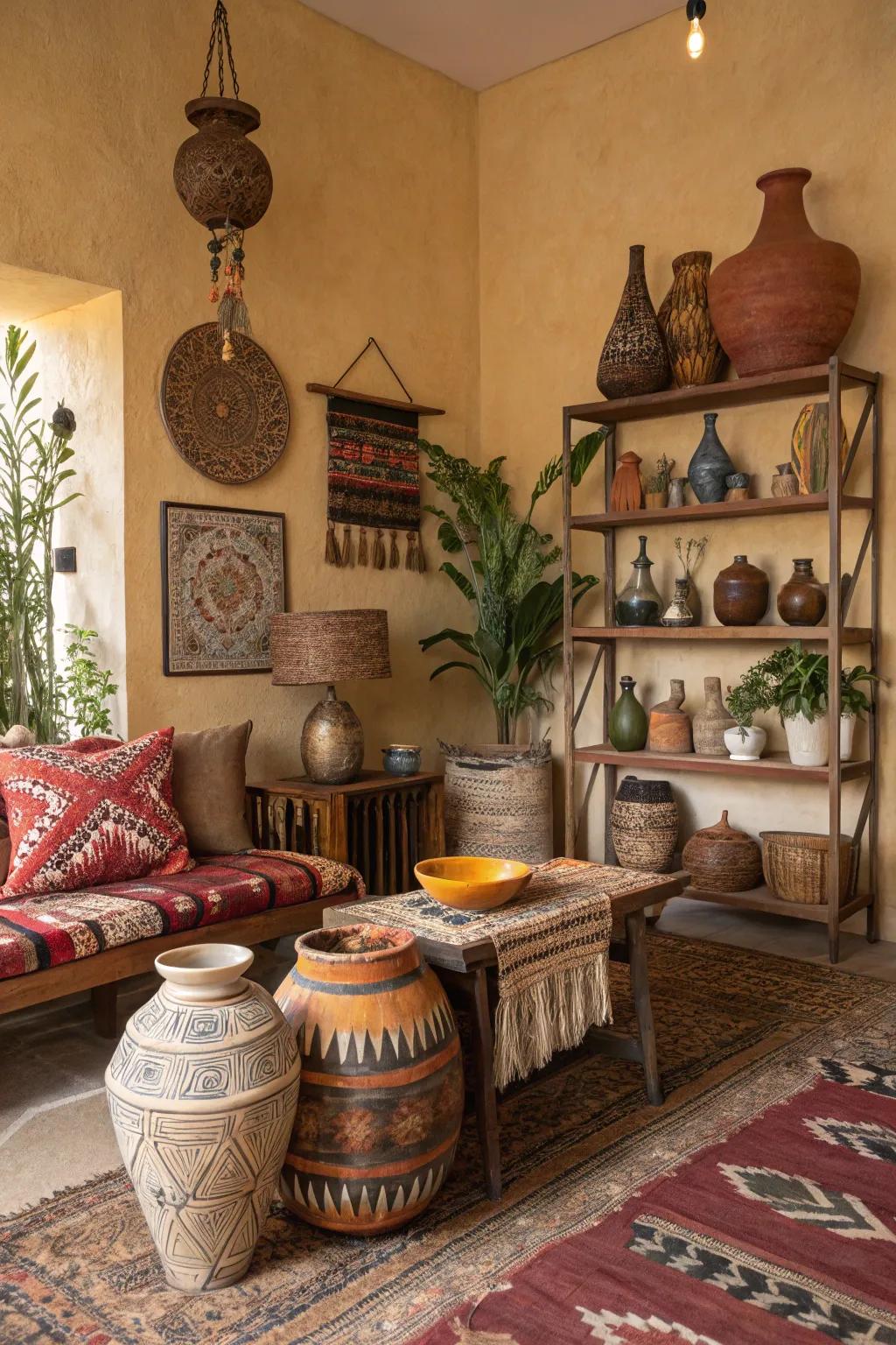 A display of unique handcrafted decor in a bohemian setting.