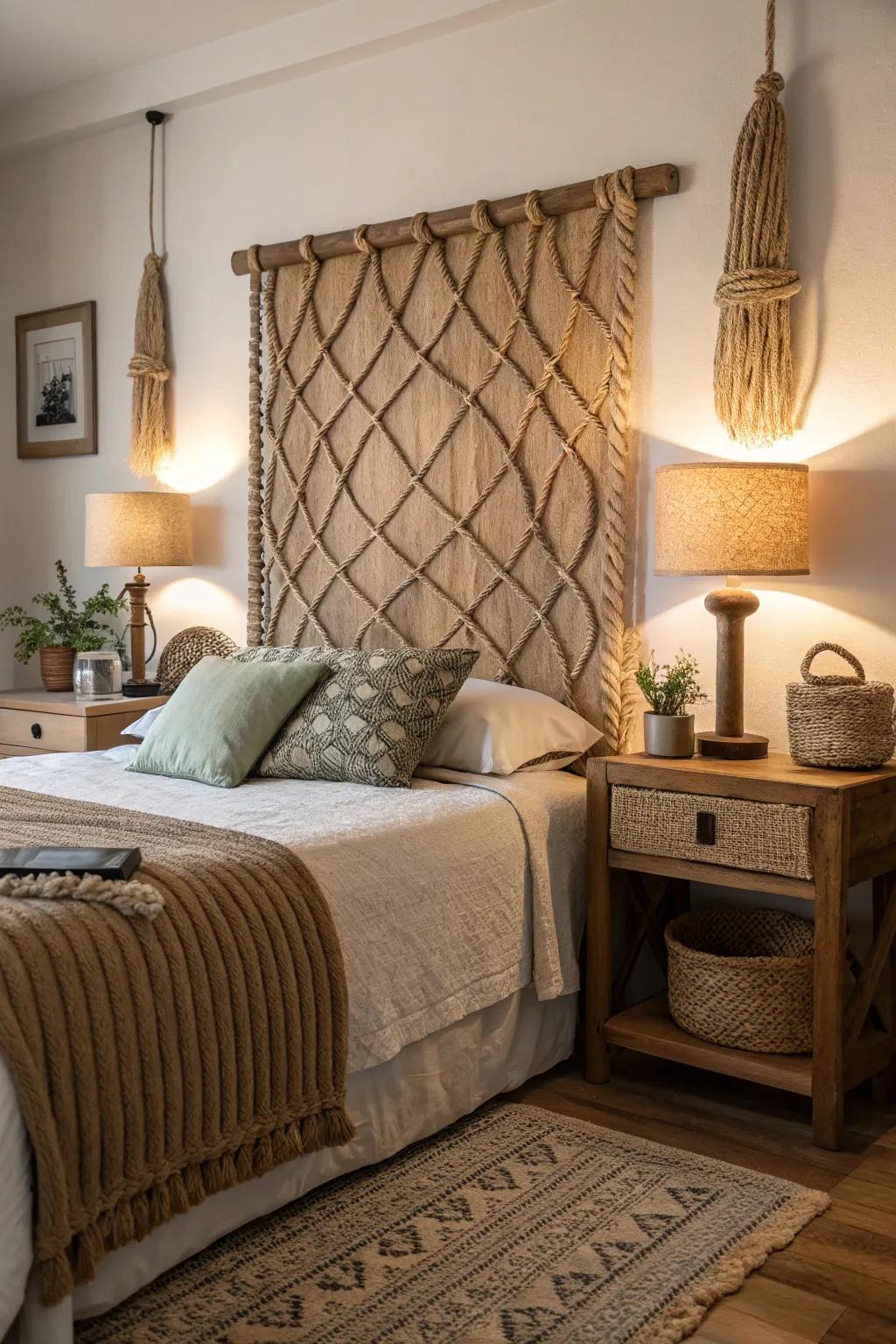 Rope accents provide a distinctive bohemian flair to this headboard.