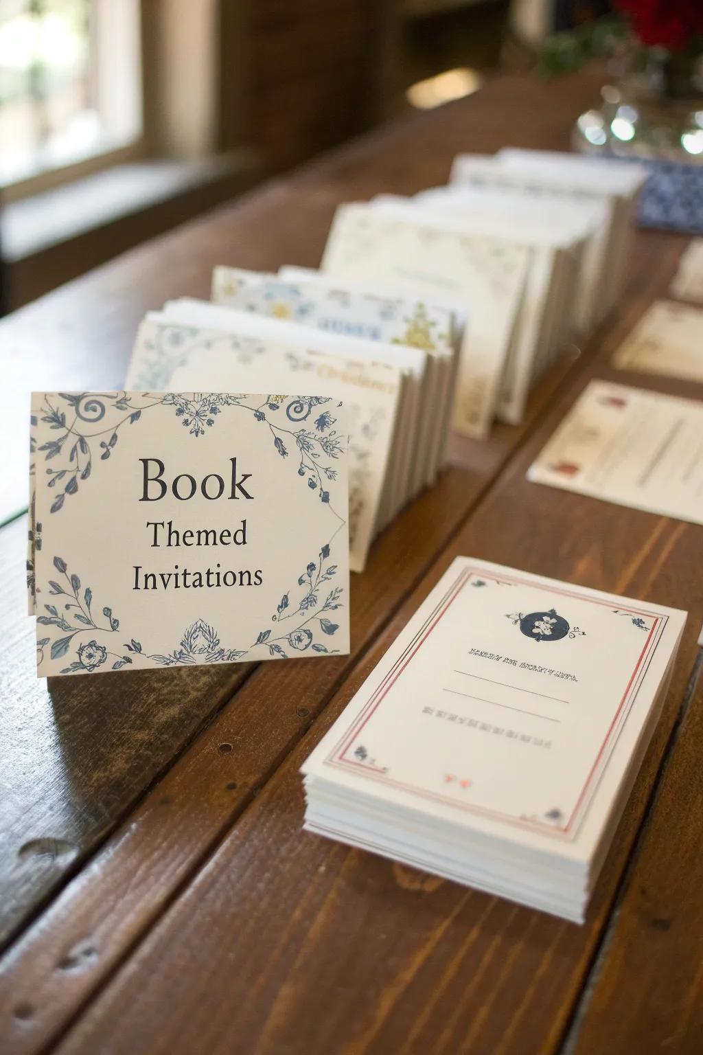 Invitations styled as library cards for an authentic touch.