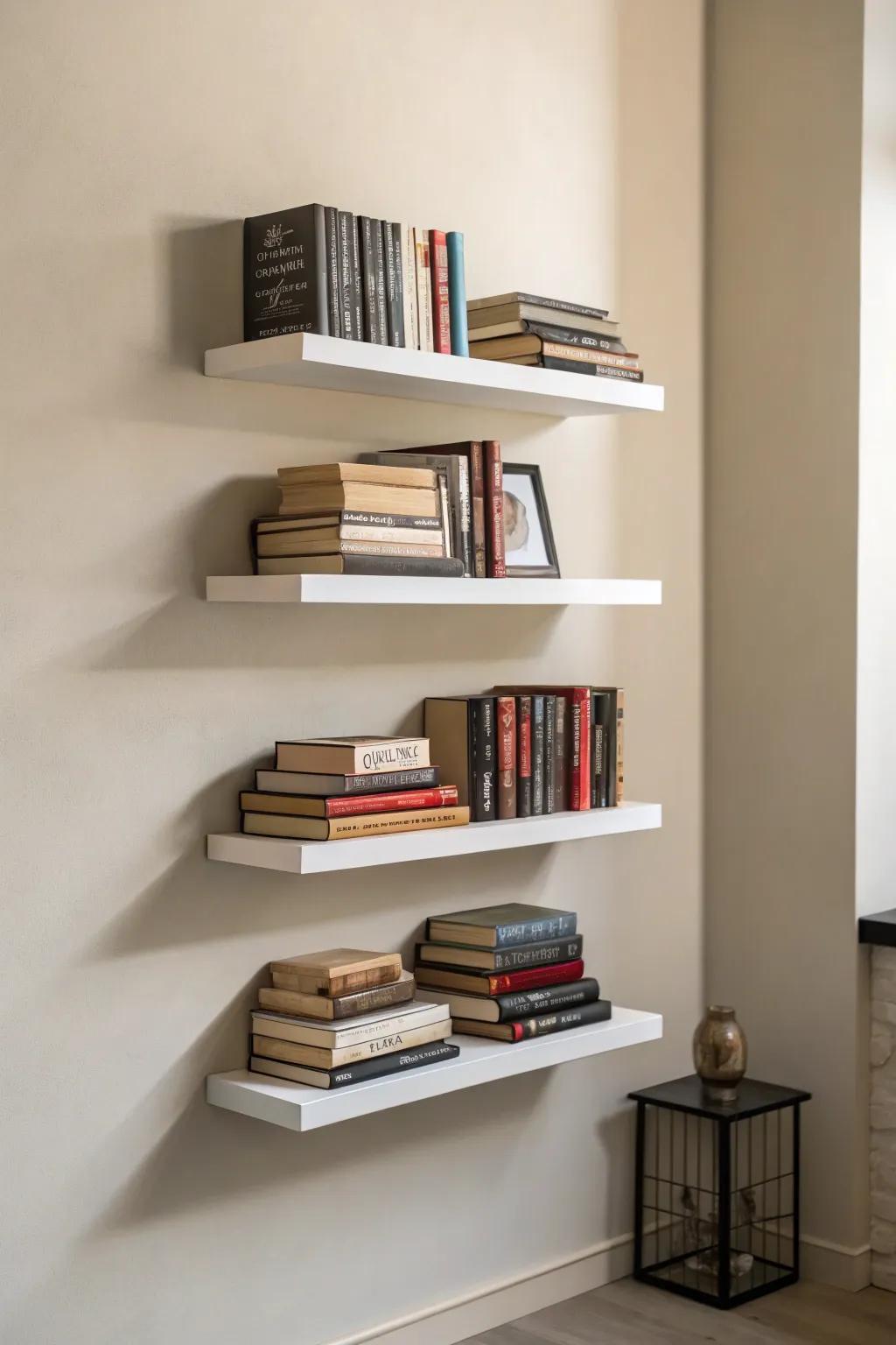 Suspended shelves create a minimalist enchantment.
