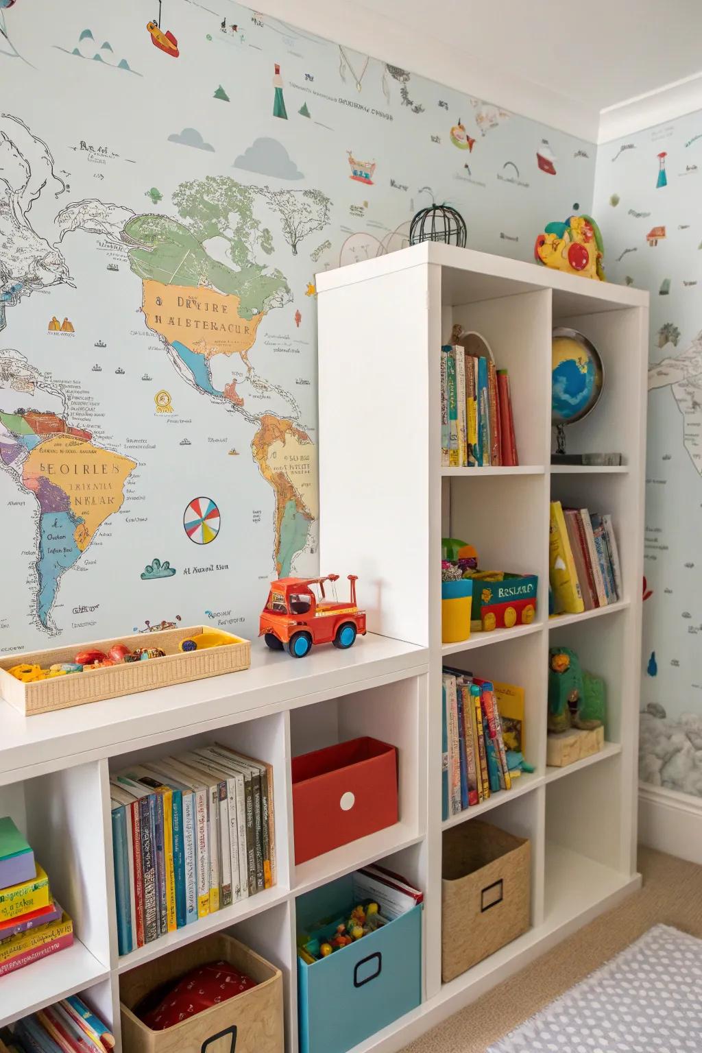 Bookshelf in a kids' room featuring playful map wallpaper.